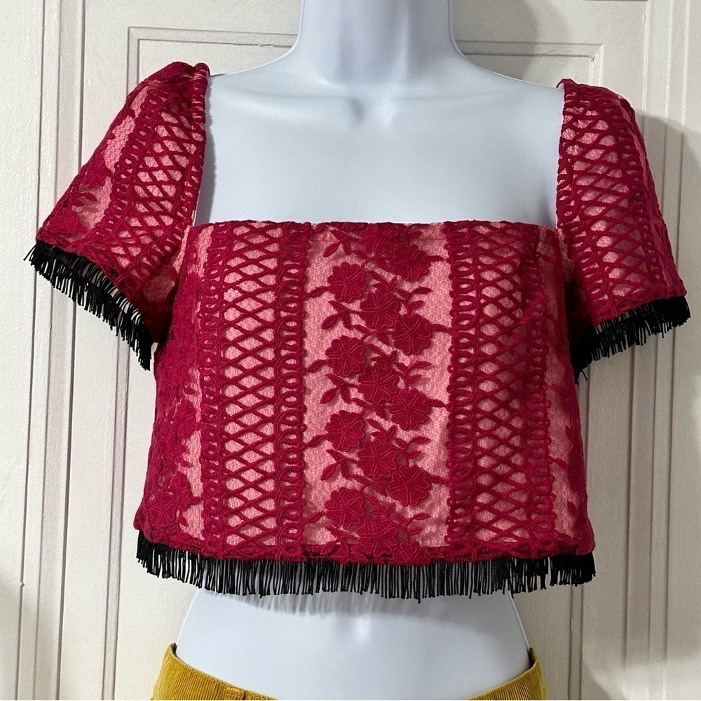 Lovers + Friends lace embroidered fringe crop top size small “Kelani”